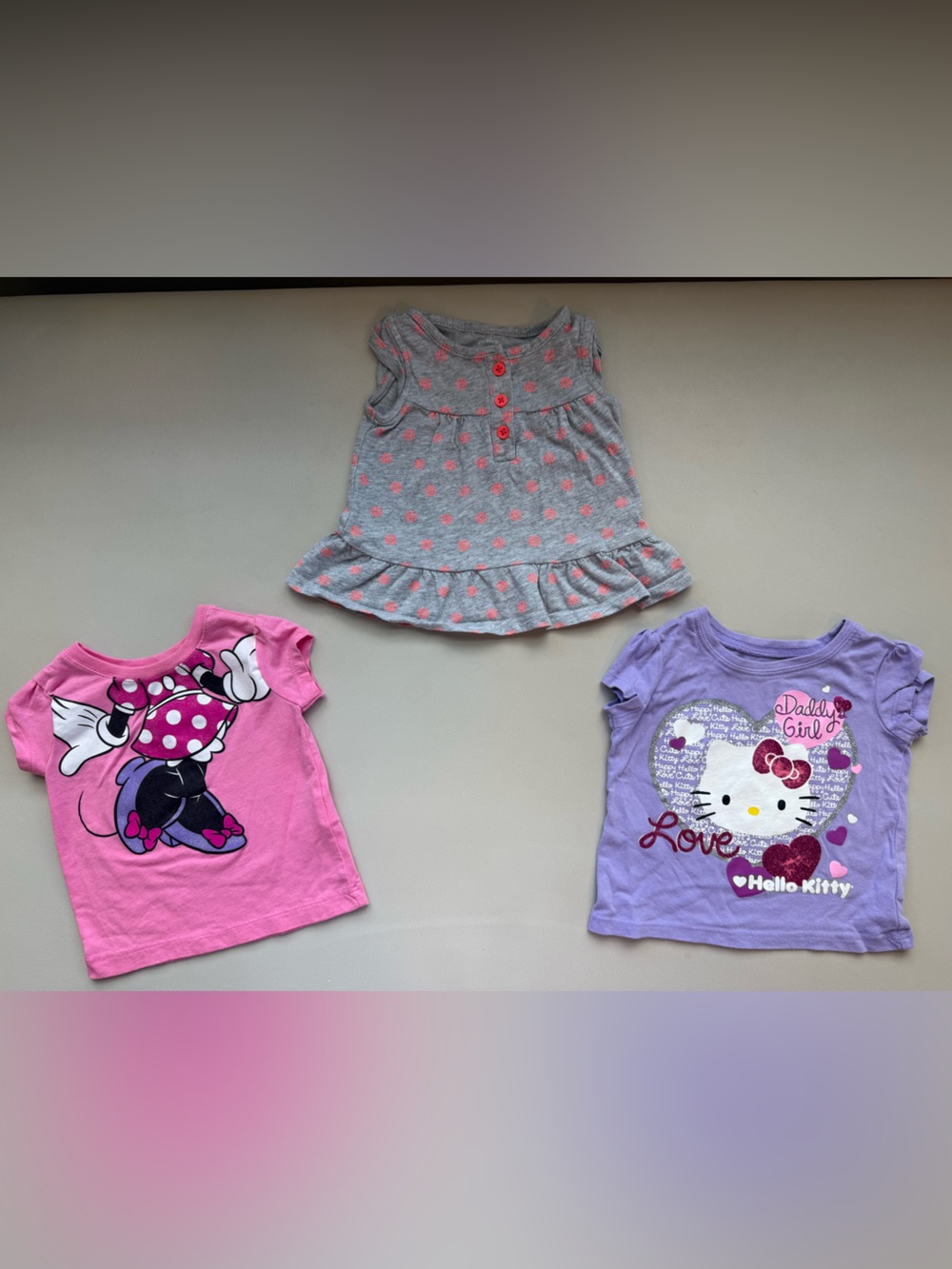 Disney Pink Minnie & Purple Hello Kitty Graphic Tees with Gray Polka Dot Tank